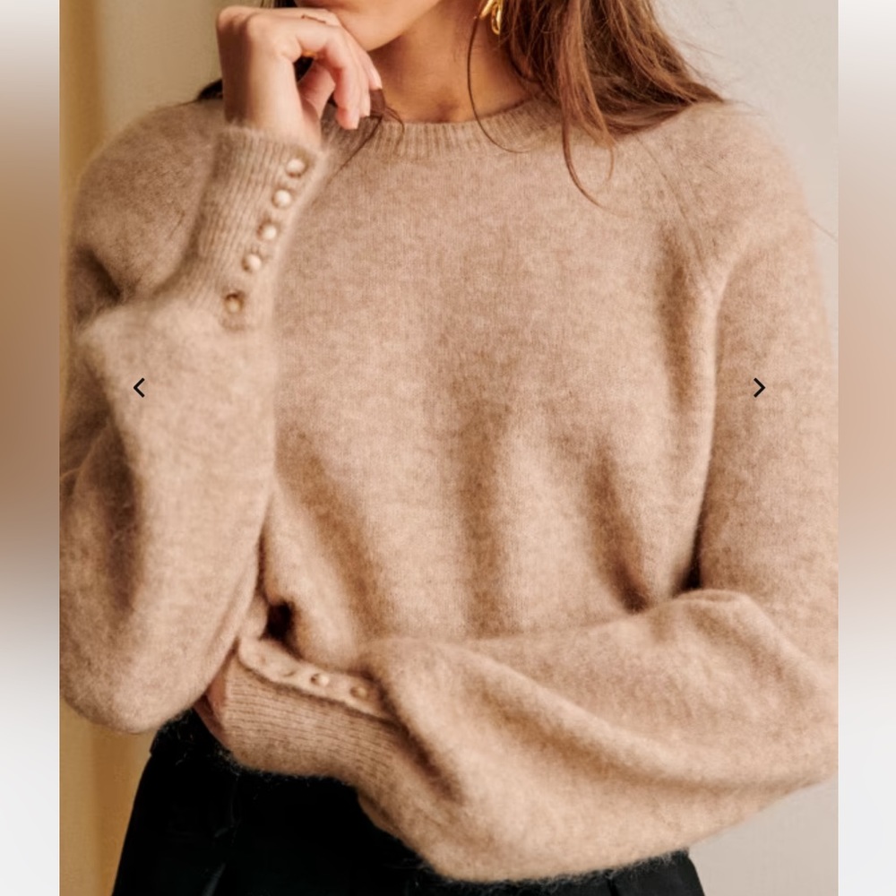 Sezane Cozy Pearl-Cuff Crewneck Sweater in Soft Beige